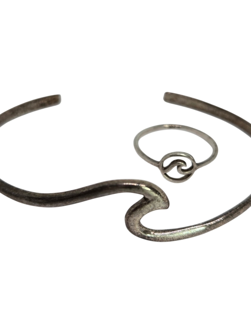 Sterling Silver 925 Wave Cuff Bracelet and Wave Ring Set